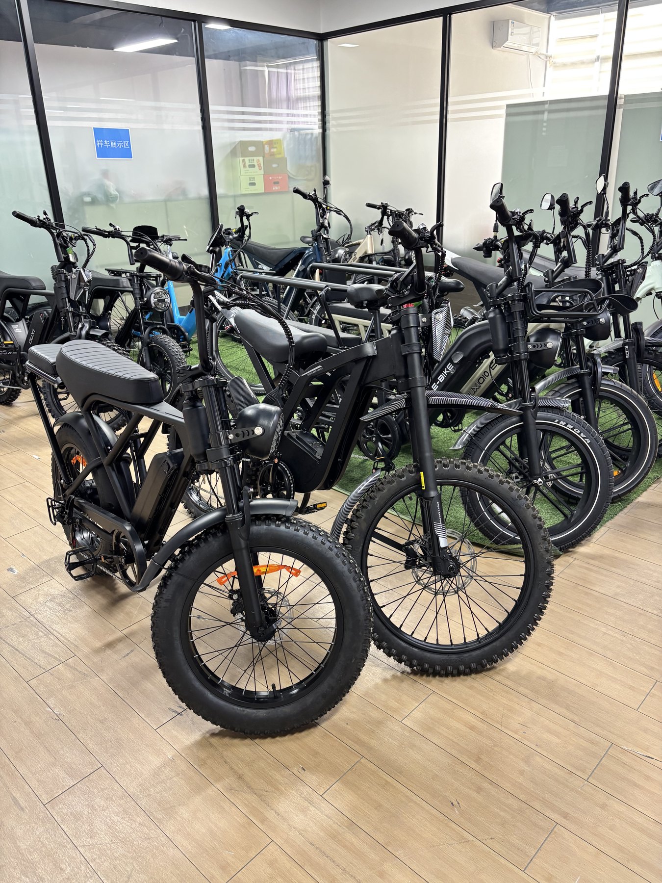Electric bicycle models displayed in a China supplier showroom